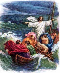 Jesus calming the waves during the storm