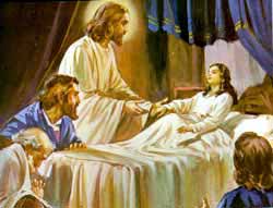 Jesus taking the hand of a women to heal her